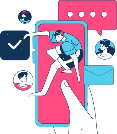 Jeune homme parlant avec des personnes utilisant un mobile  Illustration