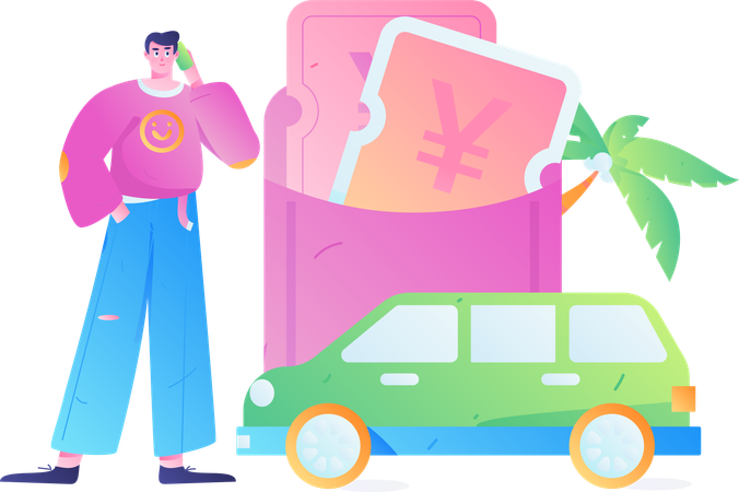 Jeune homme parlant sur mobile pour louer un taxi  Illustration