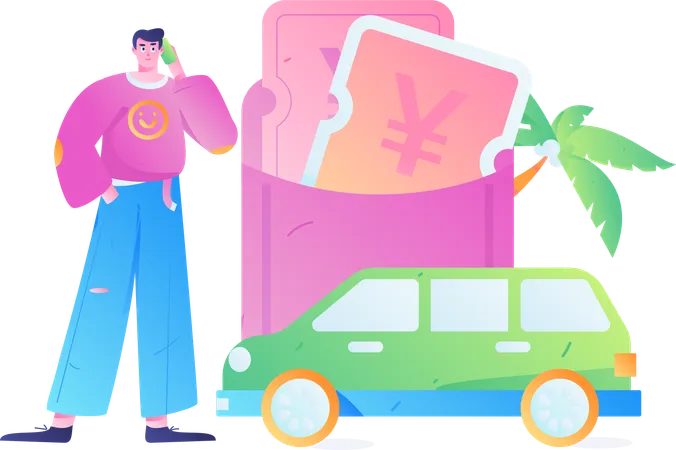 Jeune homme parlant sur mobile pour louer un taxi  Illustration