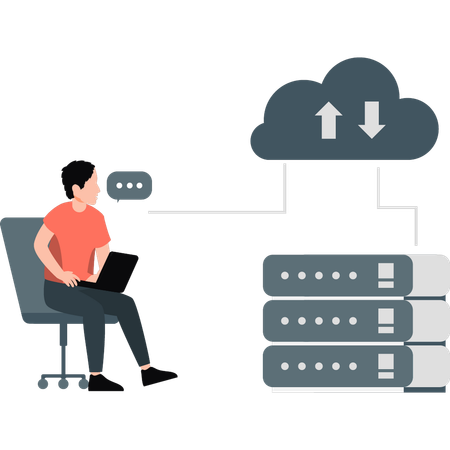 Un jeune homme parle de la mise en réseau des données dans le cloud  Illustration