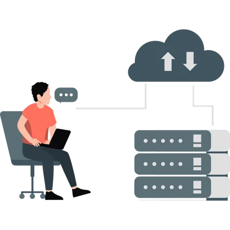 Un jeune homme parle de la mise en réseau des données dans le cloud  Illustration