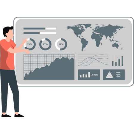 Un jeune homme parle des données infographiques mondiales  Illustration