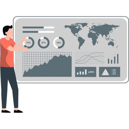 Un jeune homme parle des données infographiques mondiales  Illustration