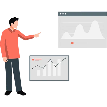 Jeune homme pointant un graphique d'entreprise  Illustration