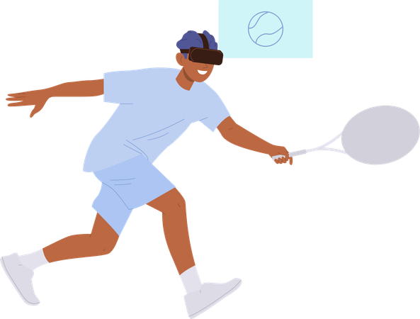 Jeune homme portant des lunettes VR jouant au tennis  Illustration