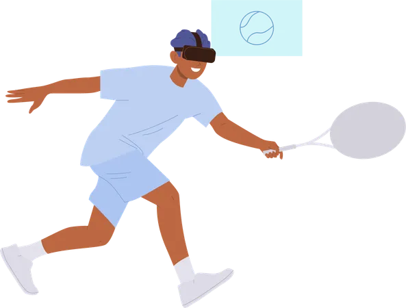 Jeune homme portant des lunettes VR jouant au tennis  Illustration