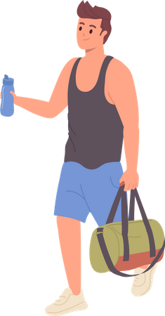 Jeune homme portant un sac de transport de vêtements de sport et une bouteille d'eau  Illustration