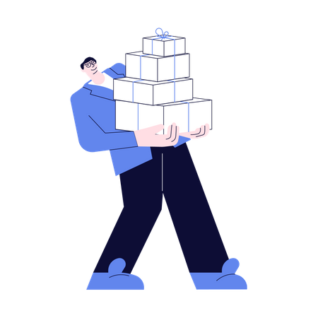 Jeune homme portant une énorme pile de cadeaux  Illustration