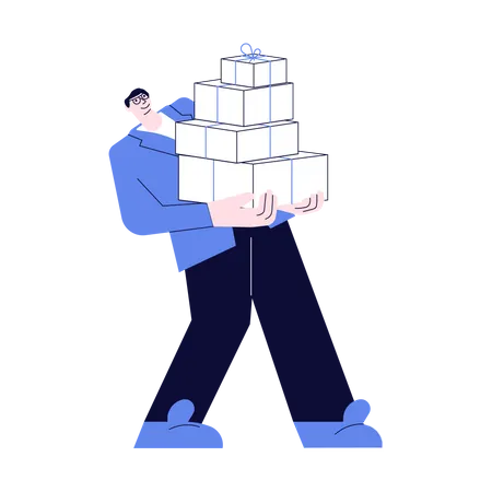 Jeune homme portant une énorme pile de cadeaux  Illustration