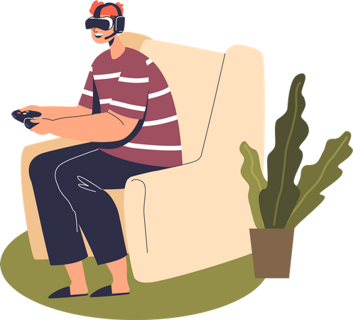 Un jeune homme porte un casque de réalité virtuelle pour jouer à des jeux vidéo de réalité augmentée  Illustration
