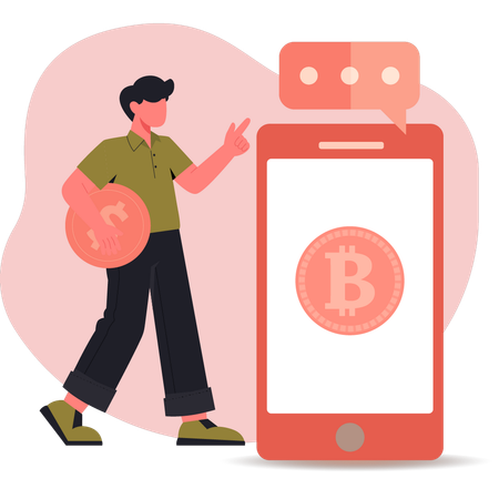 Un jeune homme pose des questions sur le bitcoin sur son mobile  Illustration