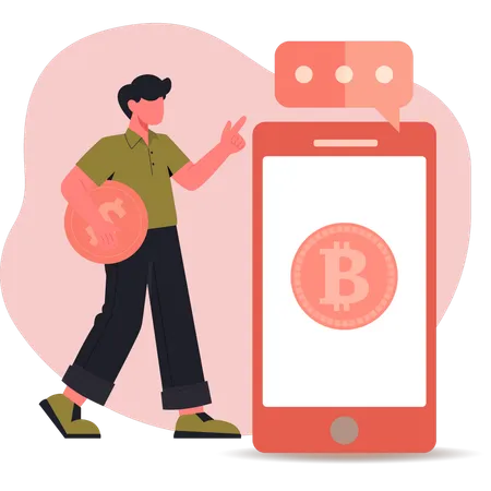 Un jeune homme pose des questions sur le bitcoin sur son mobile  Illustration