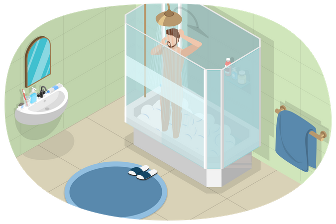 Jeune homme prenant une douche  Illustration