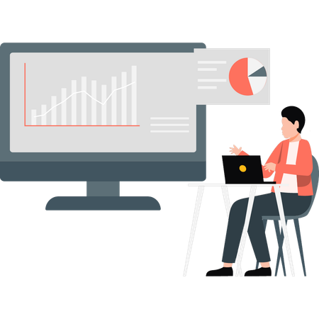 Jeune homme préparant un diagramme analytique sur moniteur  Illustration