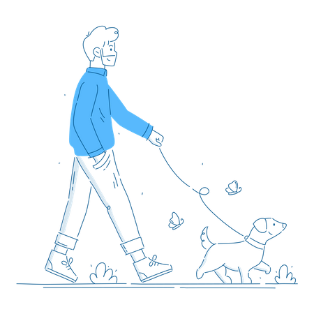 Jeune homme marchant avec un chien mignon  Illustration