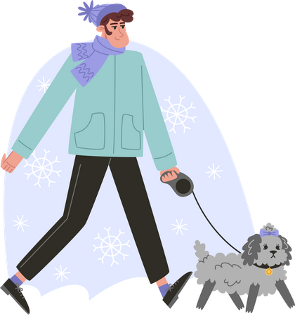 Jeune homme marchant avec un petit chien frisé hiver  Illustration