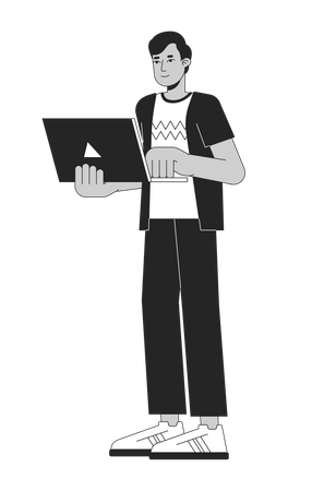 Jeune homme prometteur tenant un ordinateur portable  Illustration