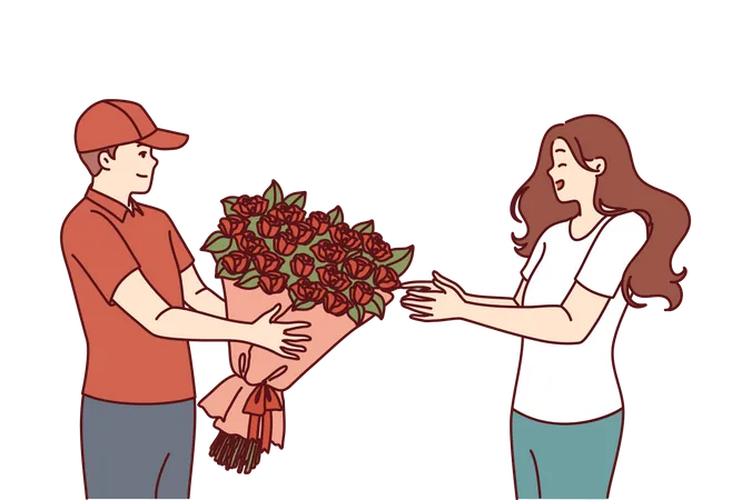 Le jeune homme propose une jeune fille avec des fleurs  Illustration