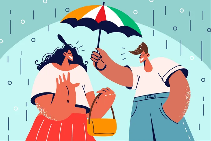 Un jeune homme protège une femme de la pluie  Illustration