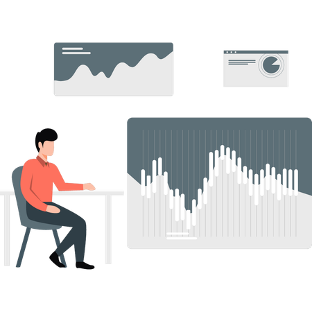 Un jeune homme regarde un graphique d'analyse d'investissement  Illustration