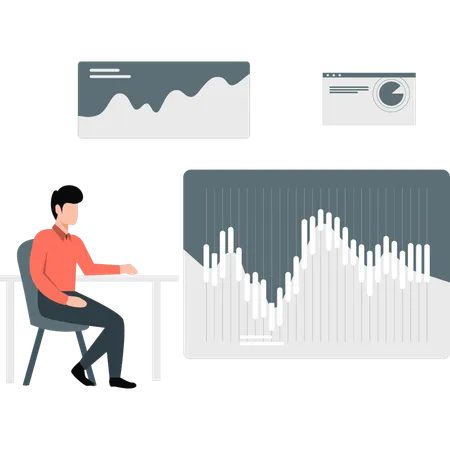 Un jeune homme regarde un graphique d'analyse d'investissement  Illustration