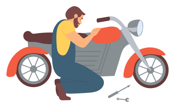 Jeune homme réparant lui-même une moto  Illustration