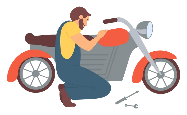 Jeune homme réparant lui-même une moto  Illustration