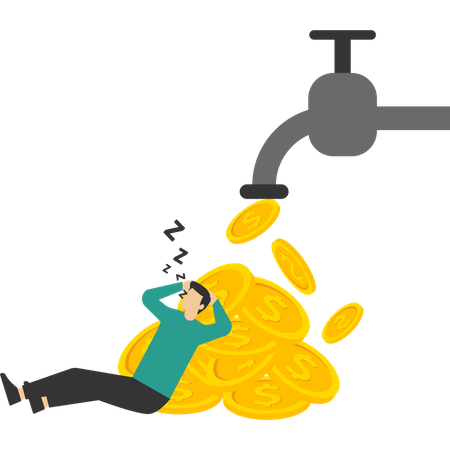 Jeune homme riche dormant la nuit sur un robinet de tuyau avec du papier-monnaie qui coule  Illustration