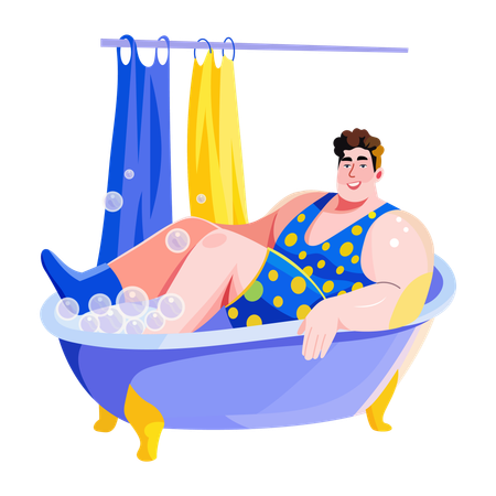 Jeune homme se baignant dans une baignoire  Illustration