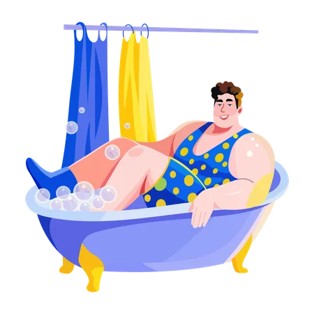 Jeune homme se baignant dans une baignoire  Illustration