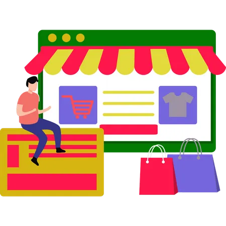 Jeune homme faisant des achats en ligne au magasin  Illustration