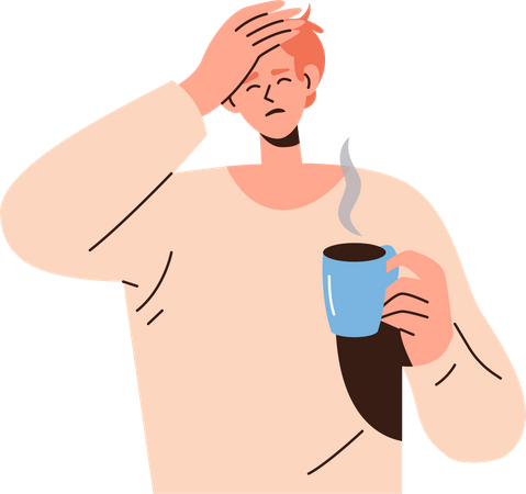 Jeune homme somnolent, buvant du café souffrant de maux de tête et de tension  Illustration