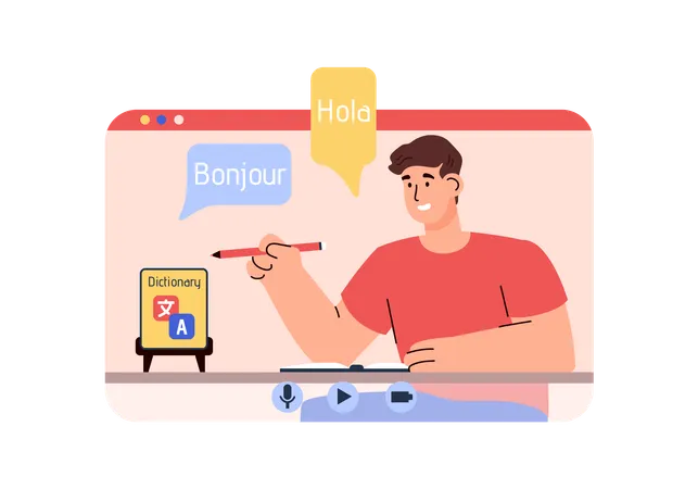 Un jeune homme souriant apprend une langue en ligne  Illustration