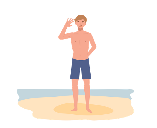 Jeune homme souriant en maillot de bain sur la plage  Illustration