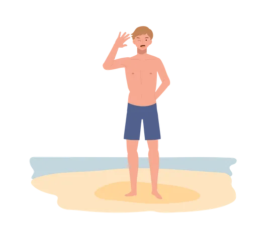 Jeune homme souriant en maillot de bain sur la plage  Illustration