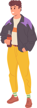 Joyeux jeune homme souriant portant des vêtements de style rétro des années 90 et buvant du soda  Illustration