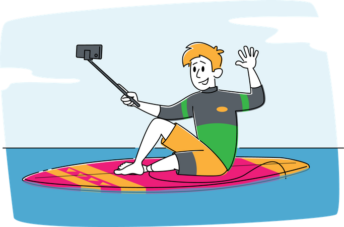 Jeune homme surfeur en maillot de bain assis sur une planche de surf en mer faisant selfie sur smartphone  Illustration
