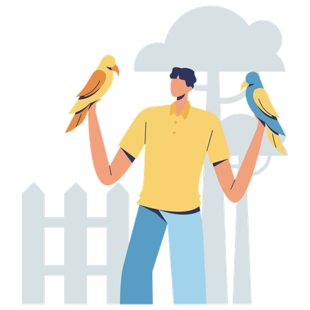 Jeune homme tenant des oiseaux  Illustration