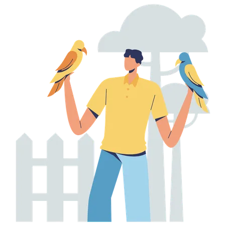 Jeune homme tenant des oiseaux  Illustration