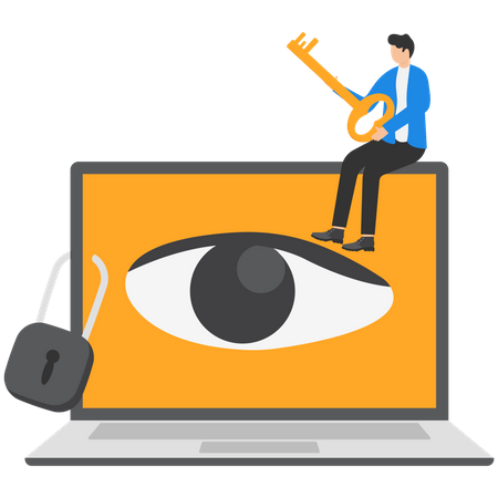Jeune homme tenant la clé après avoir verrouillé l'œil espion sur un ordinateur portable pour arrêter de regarder des informations privées  Illustration