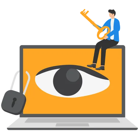 Jeune homme tenant la clé après avoir verrouillé l'œil espion sur un ordinateur portable pour arrêter de regarder des informations privées  Illustration