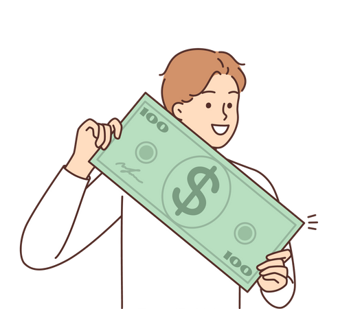 Jeune homme tenant un billet d'un dollar  Illustration