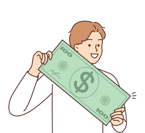 Jeune homme tenant un billet d'un dollar  Illustration