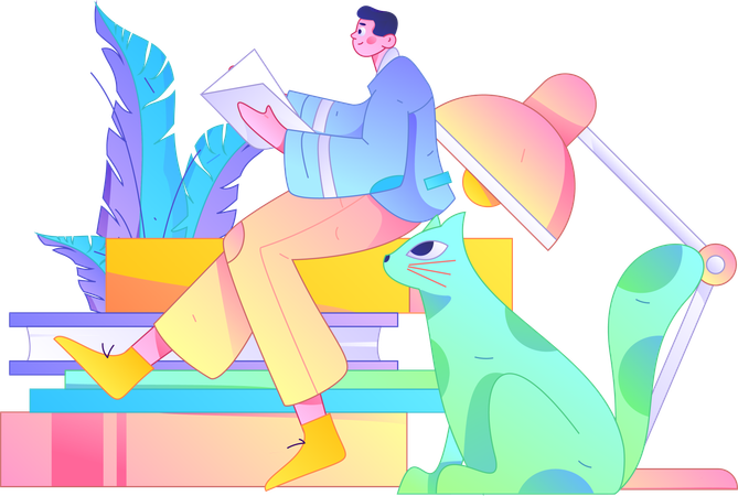 Jeune homme tenant un livre en lisant un livre  Illustration