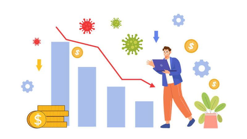 Un jeune homme tient un ordinateur portable tout en montrant un rapport sur l'économie pandémique  Illustration