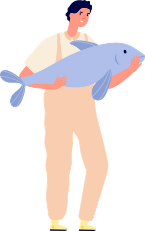 Jeune homme tenant un poisson  Illustration