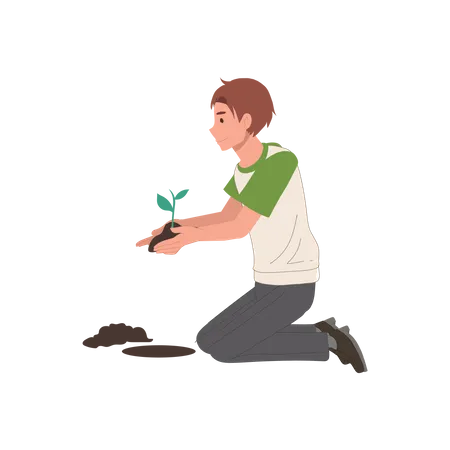 Jeune homme tenant une petite plante verte dans ses mains avec de la terre pour la planter  Illustration