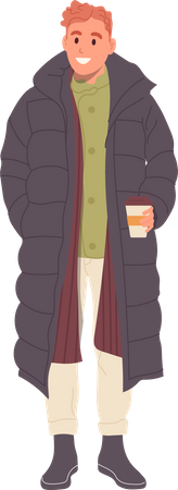 Jeune homme tenant une tasse de café portant une doudoune décontractée et tendance pour le temps froid de l'hiver  Illustration