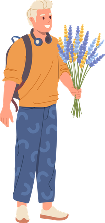 Le jeune homme tient des fleurs de tulipe  Illustration