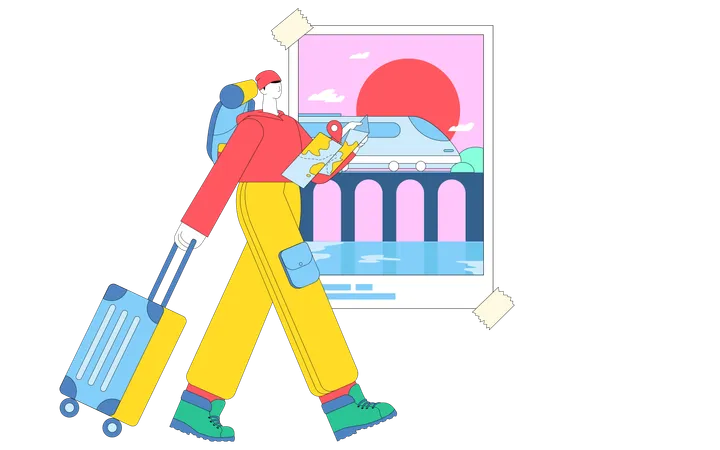 Jeune homme touristique marchant avec une valise  Illustration